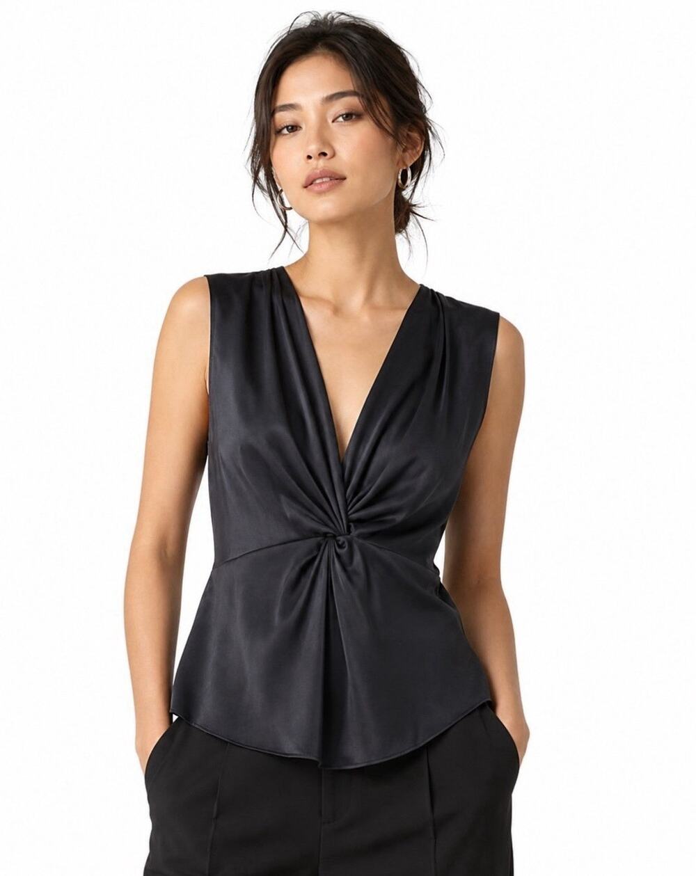Elevated Career Sleek Theory Women's Twist Front Top Size 8 Black Satin Evening